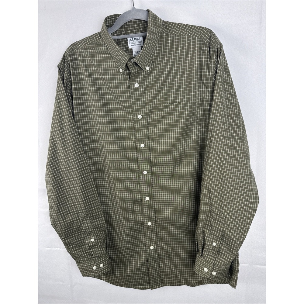 L.L. Bean Button Down Shirt Mens Large Tall Wrinkle Resistant Plaid Olive Green